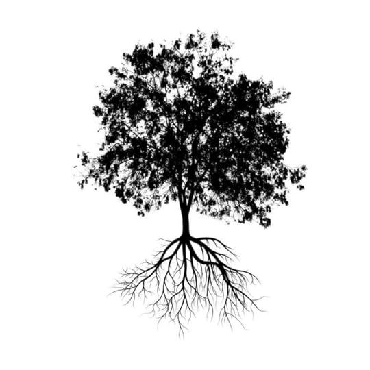 Black Silhouette of a tree with its roots exposed--on a white background.