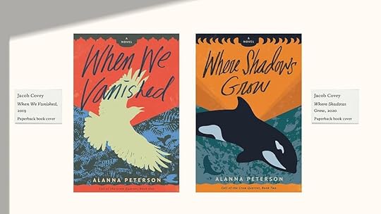 Covers of When We Vanished and Where Shadows Grow, displayed as in an art gallery with a sign next to each one. The first sign reads,