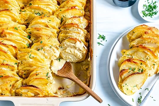 Baking Dish with some Cooked Scalloped Potatoes