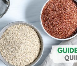 One Bowl of Uncooked White Quinoa and One Bowl of Uncooked Red Quinoa on a Marble White Surface