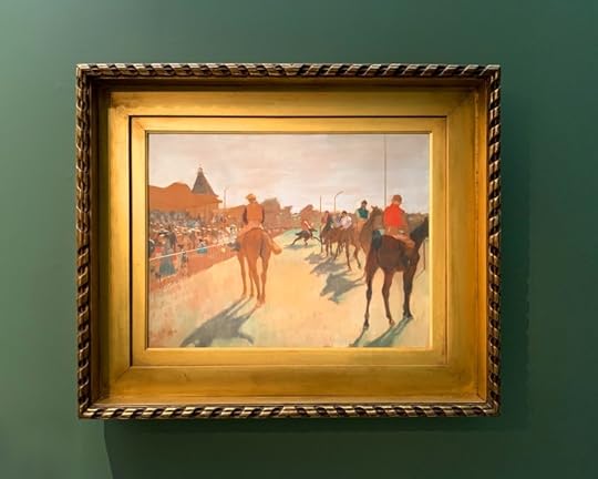 "Парад, также известный как скачки на лошадях перед трибунами", 1866-68гг, разбавленное масло по бумаге, наклейной на холст, H. 46; W. 61 cm, Musée d'Orsay