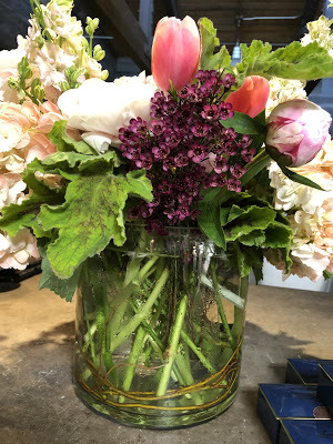 peony, pink stock, tulip, hydrangea arrangement