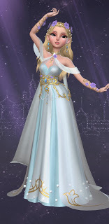 Zoya in a fantasy princess gown with baby blue satin covered by a shear white overlay and accented with a purple flower circlet and accessories