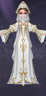 Zoya in the white and gold religious garb of the Holy Maiden