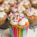 Small Cake Stand With Colorful Sprinkled topped Funfetti Cupcake, other similar cupcakes in the background