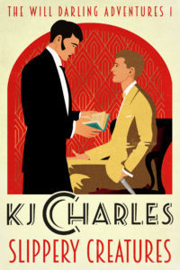 Cover of Slippery Creatures: Kim, dark man in evening dress, standing with book; Will, fair man in casual suit, holding a knife.