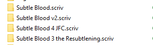 Image of four folders labelled: Subtle Blood, Subtle Blood v2, Subtle Blood 3 the Resubtlening, and Subtle Blood 4 JFC