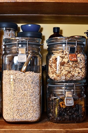 Ball Storage Latch Jars holding homemade instant oats, sliced almonds, and raisins in the pantry.