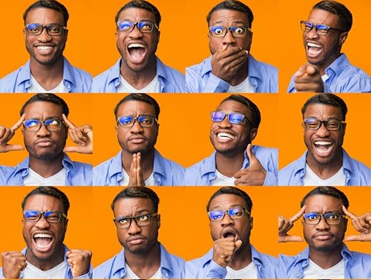 Image: collaged photos of a young man making a range of expressive faces.
