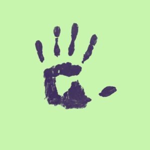 blue handprint on light green background, illustrating first image of Humility poem