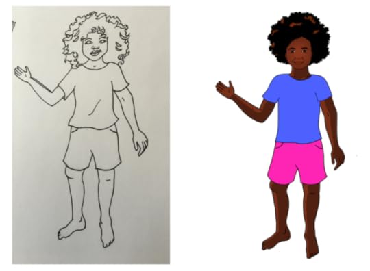 badly drawn sketch of girl on left and finished illustration of her on the right
