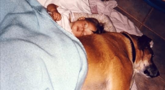 toddler sleeping against huge dog
