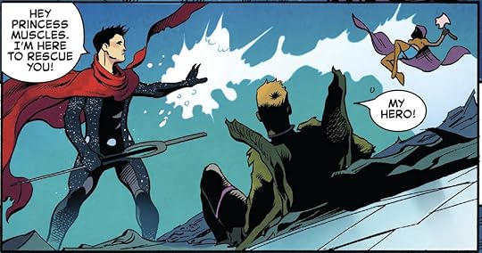 A cel of comic art: Wiccan is standing up, projecting magic at an axe-wielding opponent, who is being propelled out of frame. On the floor is Hulkling. A speech bubble from Wiccan reads “Hey Princess Muscles. I'm here to rescue you.”; Hulkling replies “My hero!”