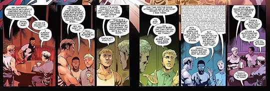 A 6-cel panel lit of a conversation between 3 men, lit by disco lights in red, orange, yellow, green, blue and purple