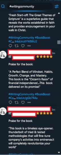 A tweet repeated three times from the same author in the same minute shilling their book with poor grammar.