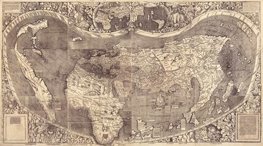 1507 world atlas, showing South America as a thin strip, some of the Caribbean Islands and North America as a small angular land mass.