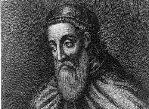 Pencil etching of Amerigo Vesupucci, with well-groomed beard, skull cap and cape. 