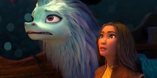 Image of Raya and the The Last Dragon, Sisu (a purple and blue dragon from the Chinese mythos--serpentine with no wings).