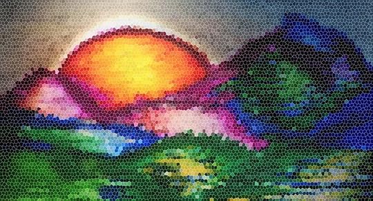 Illustration in color of mountain range and a sun setting with mosaic tile effect (by Ava Kelly). The colors are rich and deep, from yellows, oranges, to purple, blue and greens.
