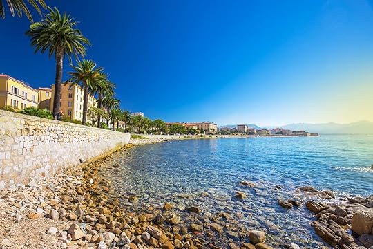 Ajaccio old city center coastal cityscape with palm trees and typical old houses, Corsica, France, Europe., August travel