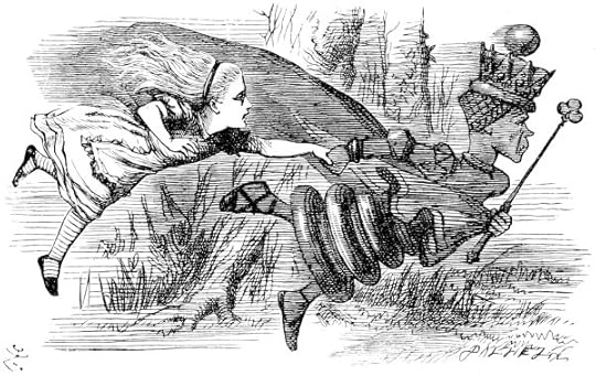 drawing of Alice and the Red Queen running by John Tenniel