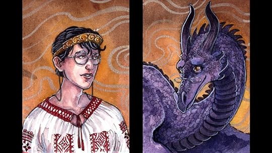 Image depicting two characters of Alia Terra. The Tower Princess has short, dark hair. She wears roundish glasses and a white ie (traditional Romanian tunic) with embroidery in red thread. Her tiara is coppery with swirls, rebel curls poking out from underneath. The Tower Dragon is covered in purple scales and wears narrow glasses over which their brown eyes gaze with playful kindness. Their wavy horns complement their majestic presence.