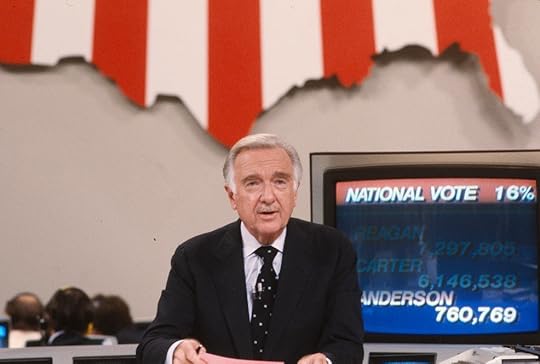 CBS news anchor Walter Cronkite on television set, wearing a suit and tie, reading early results of the 1980 presidential election
