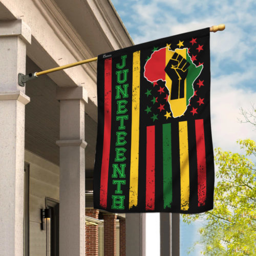 This flag has the red, green, yellow, and black colors replacing the red, white, and blue of the American flag. The outline of Africa covers the stars, and a raised fist sits in the center of Africa. The left-most green strip is replaced with the word Juneteenth.