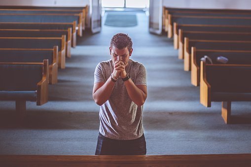 Man, Praying, Church, Prayer, Pews
