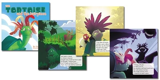 The cover and three sample pages from The Tortoise and the Hairpiece by Don M. Winn. This picture book can be used to start conversations with kids about how to have a positive body image.