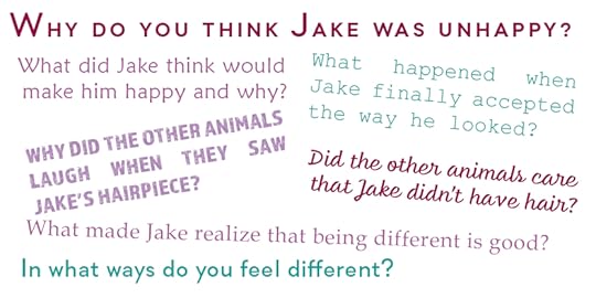 Sample conversation starting questions from the picture book The Tortoise and the Hairpiece by Don M. Winn. Image is all text. Some of the questions in the image are: Why do you think Jake was unhappy? What did Jake think would make him happy and why? What made Jake realize that being different is good? These questions can be used to start conversations with kids about how to have a positive body image.