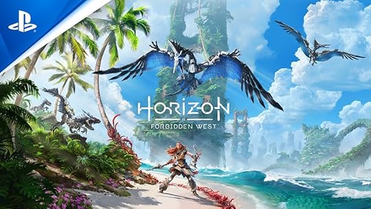Alloy standing on beach with colorful ruins in the background. Blue skies and white clouds dominate the tropical beach and blue-green waves. Metal birds fly overhead. 