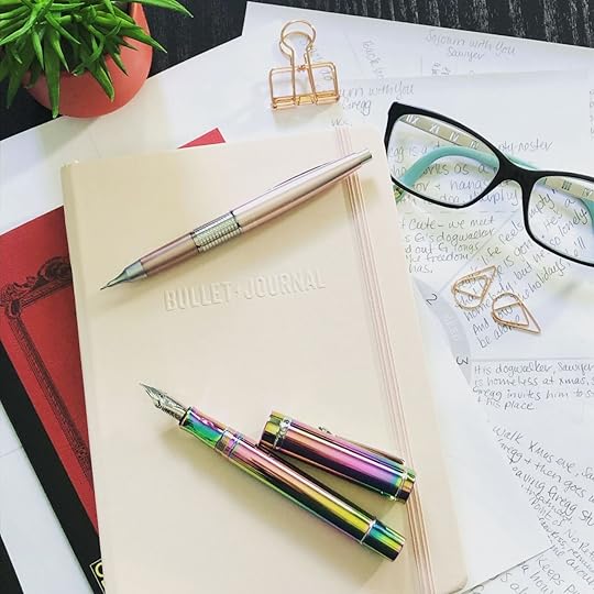 Red Apica C11 notebook, Bullet Journal Edition 2, Pink Pentel Sharp Kerry mechanical pencil, Conklin Durgraph fountain pen Rainbow