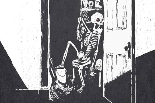 A woodcut drawing of a skeleton with red glowing eyes, lounging in a cobwebby closet next to a pail and mop