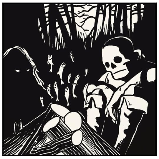 Woodcut drawing of a skeleton and a swamp monster sitting by a campfire in the woods. The flames rising from the logs are in the shape of small fish.