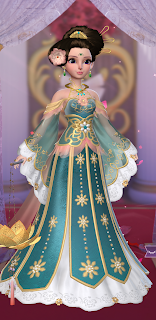 Green satin altered dress with embroidered pink flowers and topped with a cloud of hair decorated with gold combs and pins