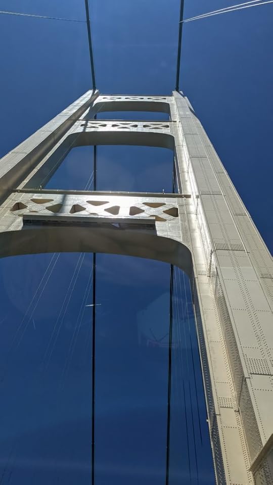 One of the towers of the Mackinac Bridge, taken from right at its base looking up