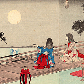 Woodblock print of two girls viewing the moon
