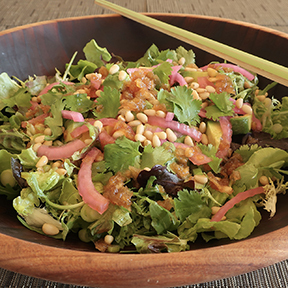 Green salad with pickled onions and Japanese wafu onion dressing