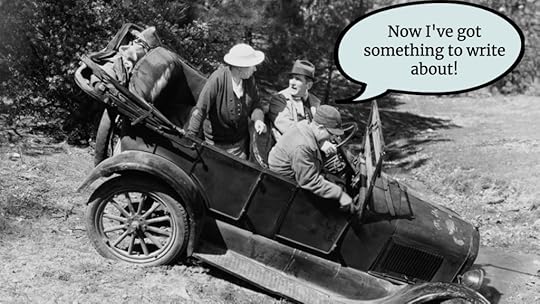 Three people in old car stuck in a ditch. The driver says,