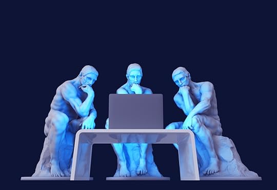 Three Thinkers stare a computer as they try to come up with an idea for a story.
