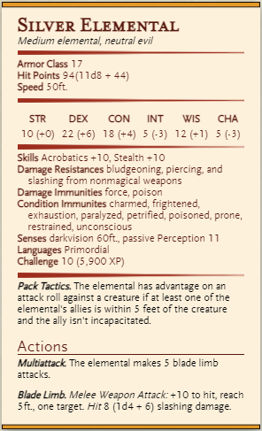 Silver Elemental Stats Generated with Homebrewery