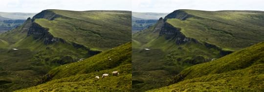 Left: a landscape on the Isle of Skye, with sheep grazing in the foreground and midground.Right: the same landscape, but without sheep.