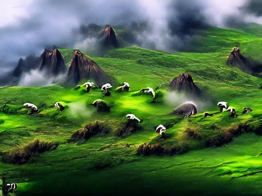 Clumps of mist scatter a mountainous and dramatically lit landscape. Pointed mountains are picked out by glimmers of sun, which also touch verdant meadows in places.
