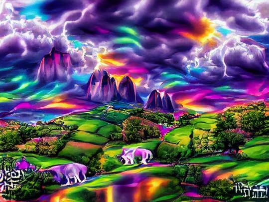 A mostly purple sky is shot with lightning and rainbows, which are beginning to devour a gemlike purple mountain range.