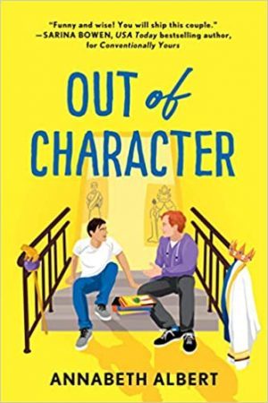 illustrated cover of two young white men, one with dark hair and one with red hair, sitting on a landing/some steps talking to one another