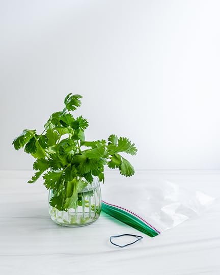 Bunch of Basil in a glass jar with a bag next to it
