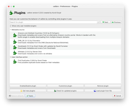List of Calibre plugins I've installed.