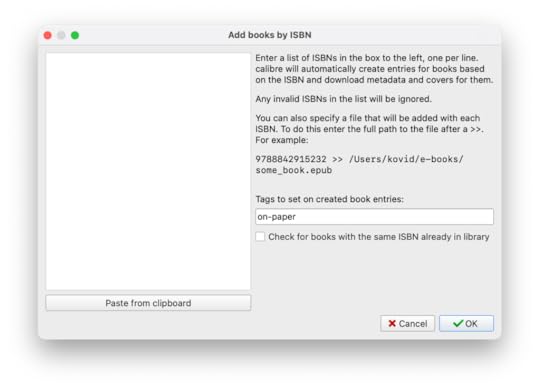 Calibre menu screen for adding ISBNs for import.