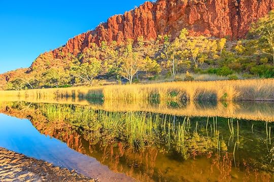 Glen Helen Gorge at West MacDonnell Ranges, Northern Territory in Central Australian Outback along Red Centre Way. Scenic red sandstone wall and bush vegetation reflected on waterhole., The Red Centre Way